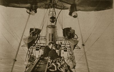Two personnel (spotters) in the gondola suspended under a naval airship, 1914-19 by English Photographer